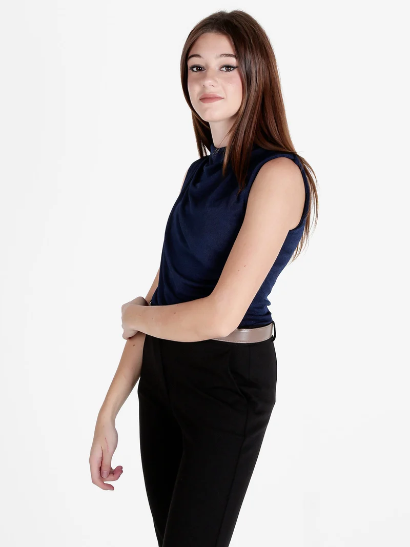 Top donna drappeggiato con scollo a cascata - blu