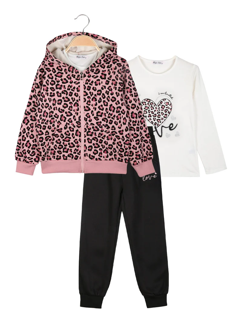 Completo tuta da bambina maculata 3 pezzi con cappuccio e zip - rosa