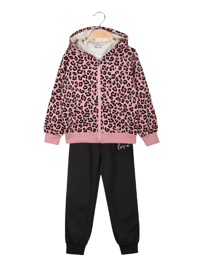 Completo tuta da bambina maculata 3 pezzi con cappuccio e zip - rosa