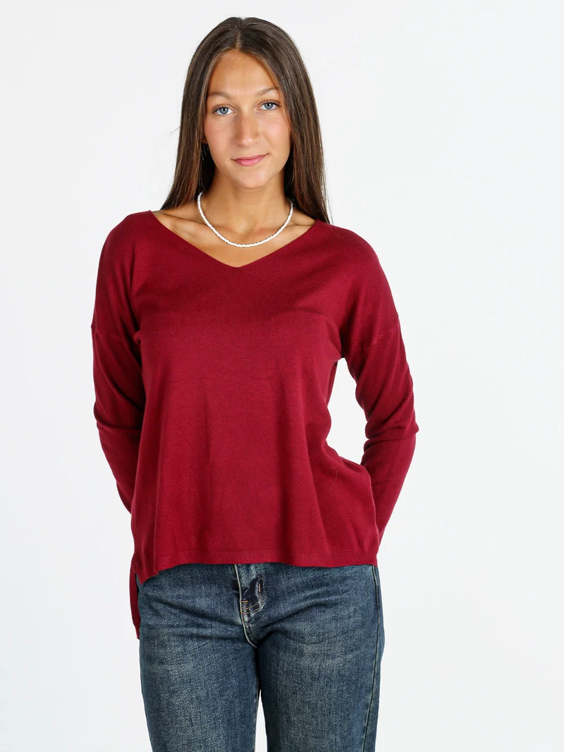 Pullover donna in maglia con scollo a V - bordeaux