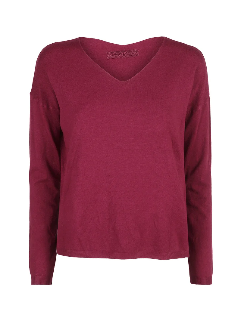 Pullover donna in maglia con scollo a V - bordeaux