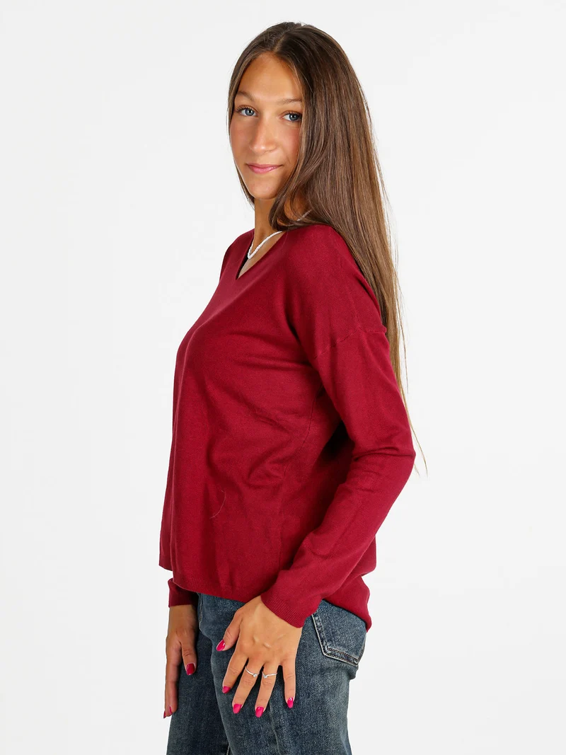 Pullover donna in maglia con scollo a V - bordeaux