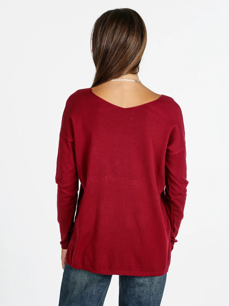 Pullover donna in maglia con scollo a V - bordeaux