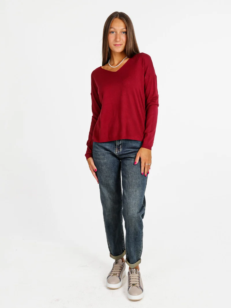 Pullover donna in maglia con scollo a V - bordeaux