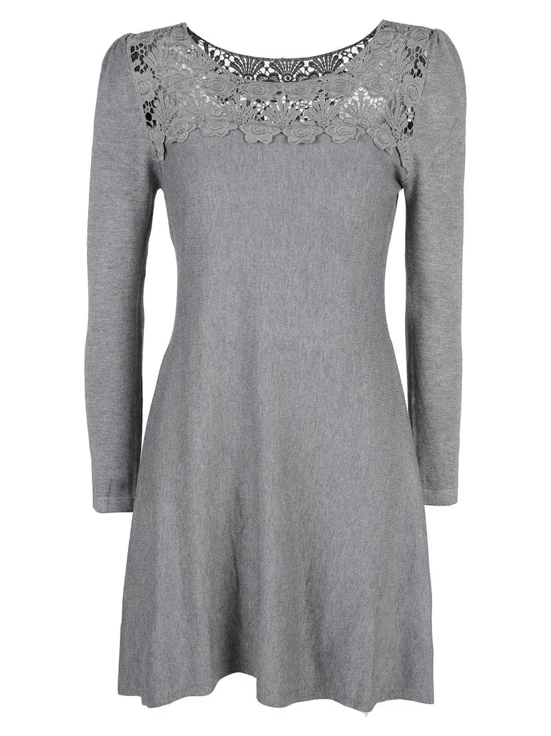 Vestito da donna a maniche lunghe con scollo in pizzo macramè - grigio