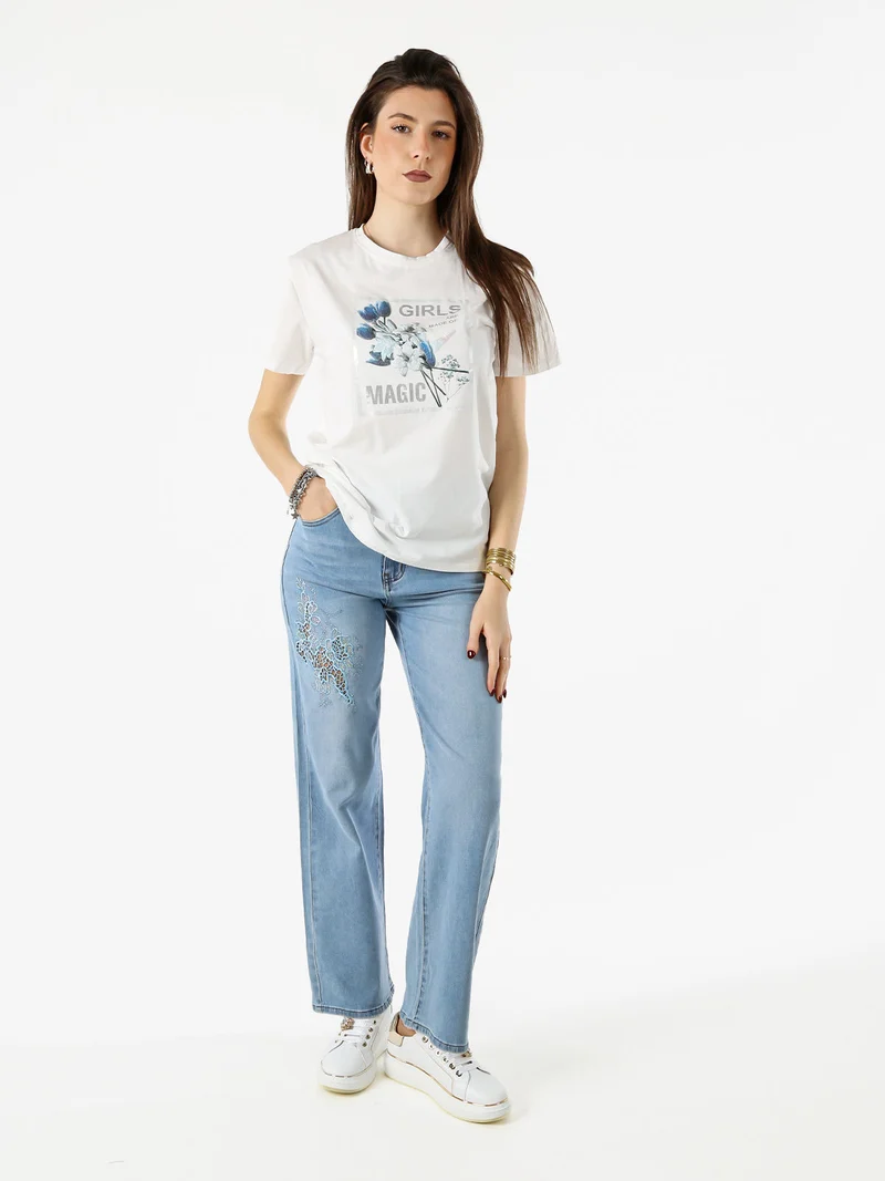 T-shirt donna in cotone con stampa - blu