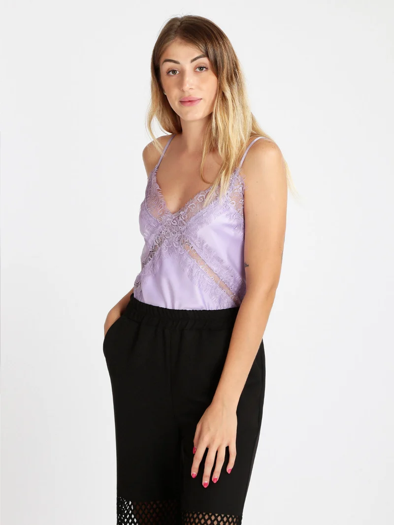 Top donna effetto raso con pizzo - lilla