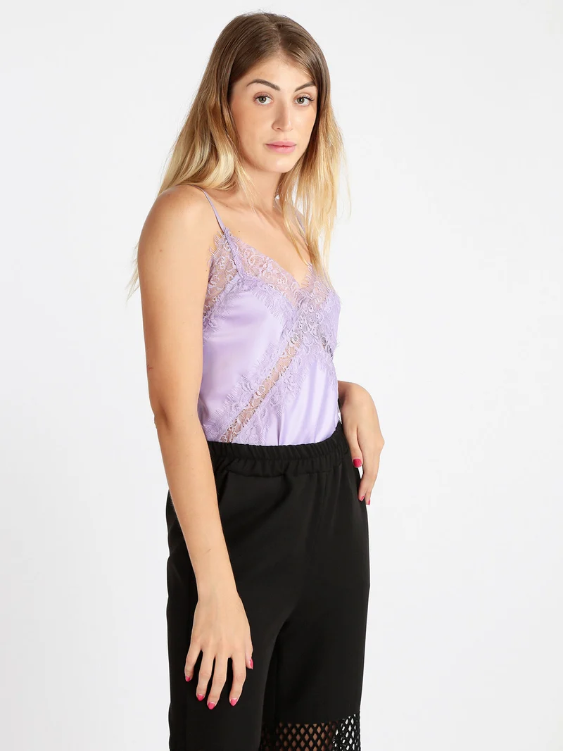 Top donna effetto raso con pizzo - lilla
