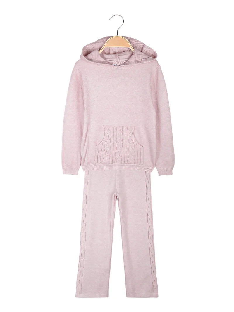 Completo 2 pezzi da bambina in maglia con cappuccio e pantaloni a zampa - rosa