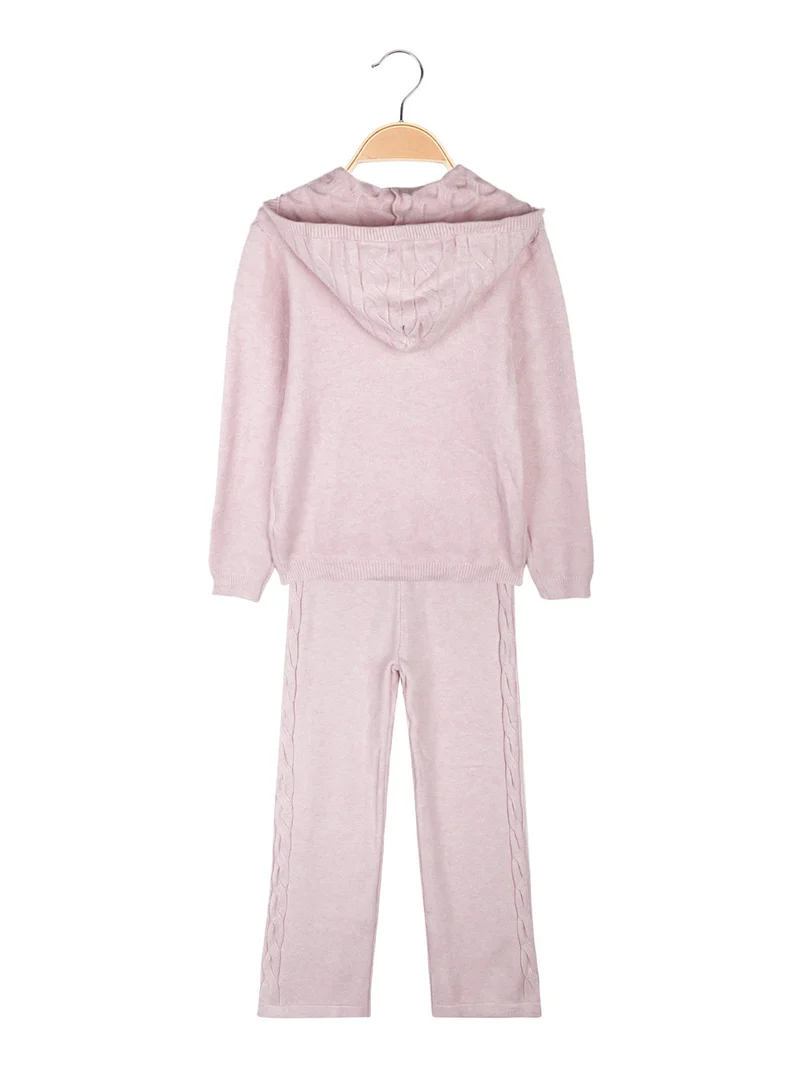 Completo 2 pezzi da bambina in maglia con cappuccio e pantaloni a zampa - rosa