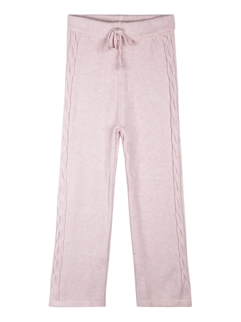 Completo 2 pezzi da bambina in maglia con cappuccio e pantaloni a zampa - rosa