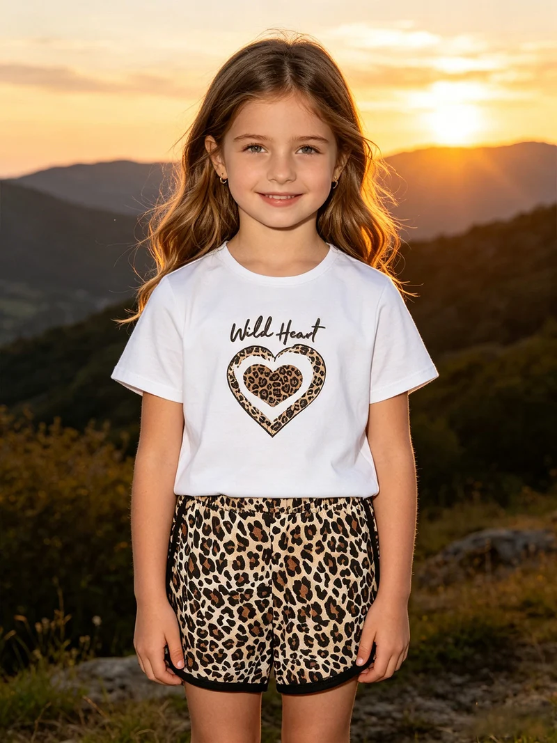 Completo corto da bambina con t-shirt crop e shorts maculati - nero