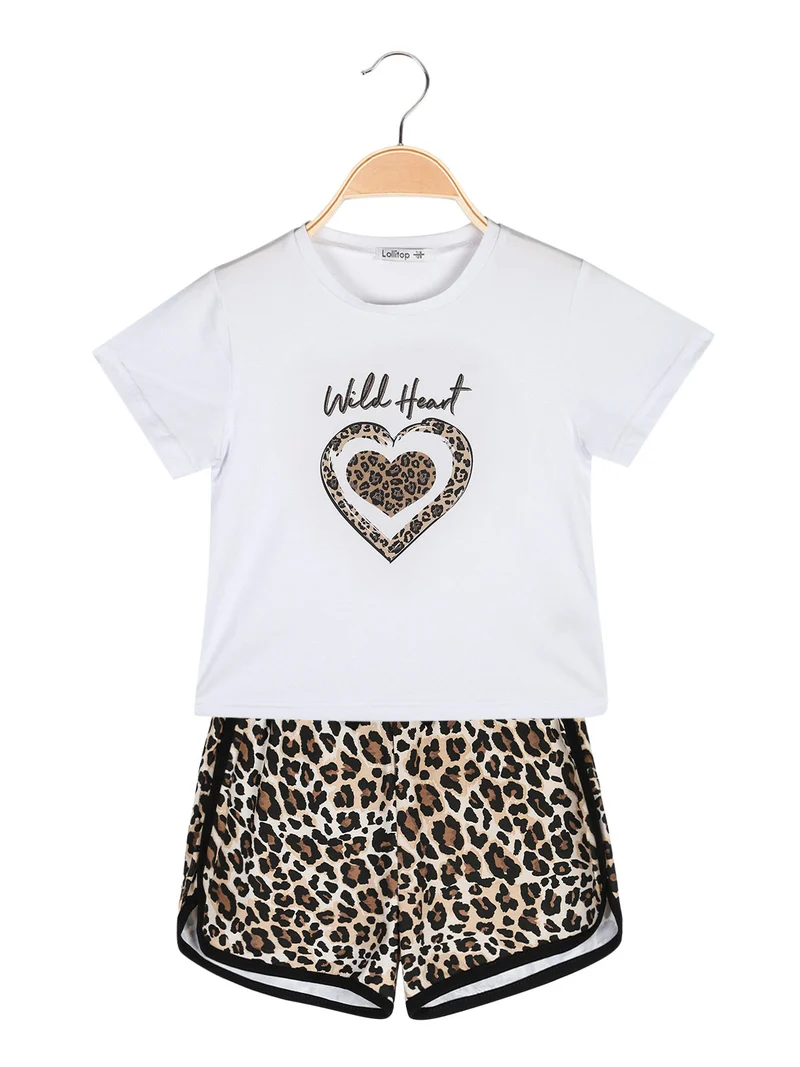 Completo corto da bambina con t-shirt crop e shorts maculati - nero
