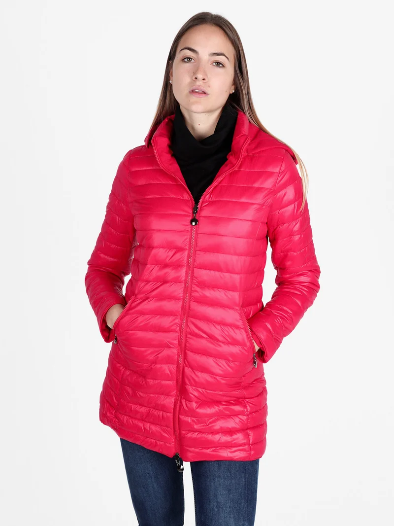 Piumino donna lungo reversibile con cappuccio - rosso