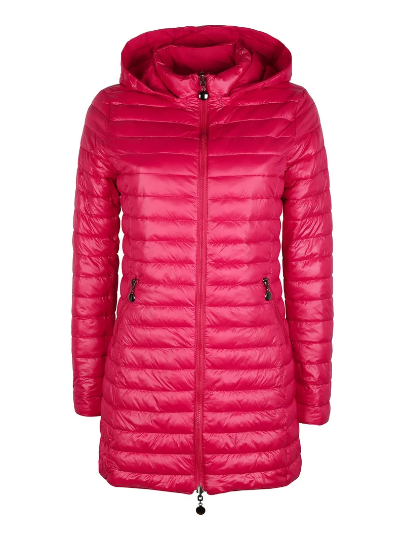 Piumino donna lungo reversibile con cappuccio - rosso
