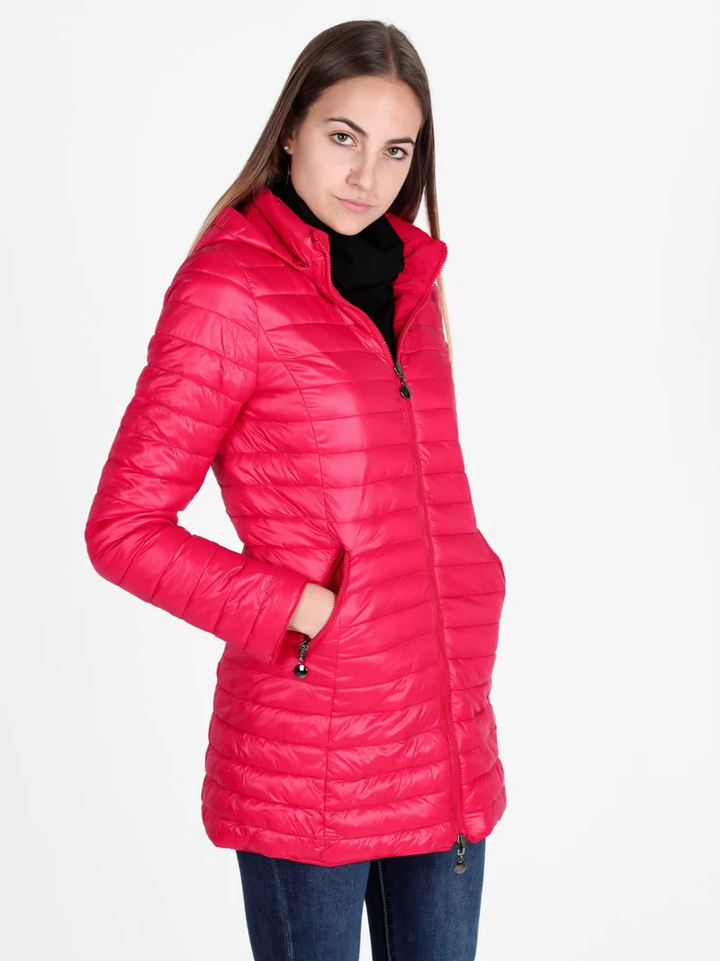 Piumino donna lungo reversibile con cappuccio - rosso