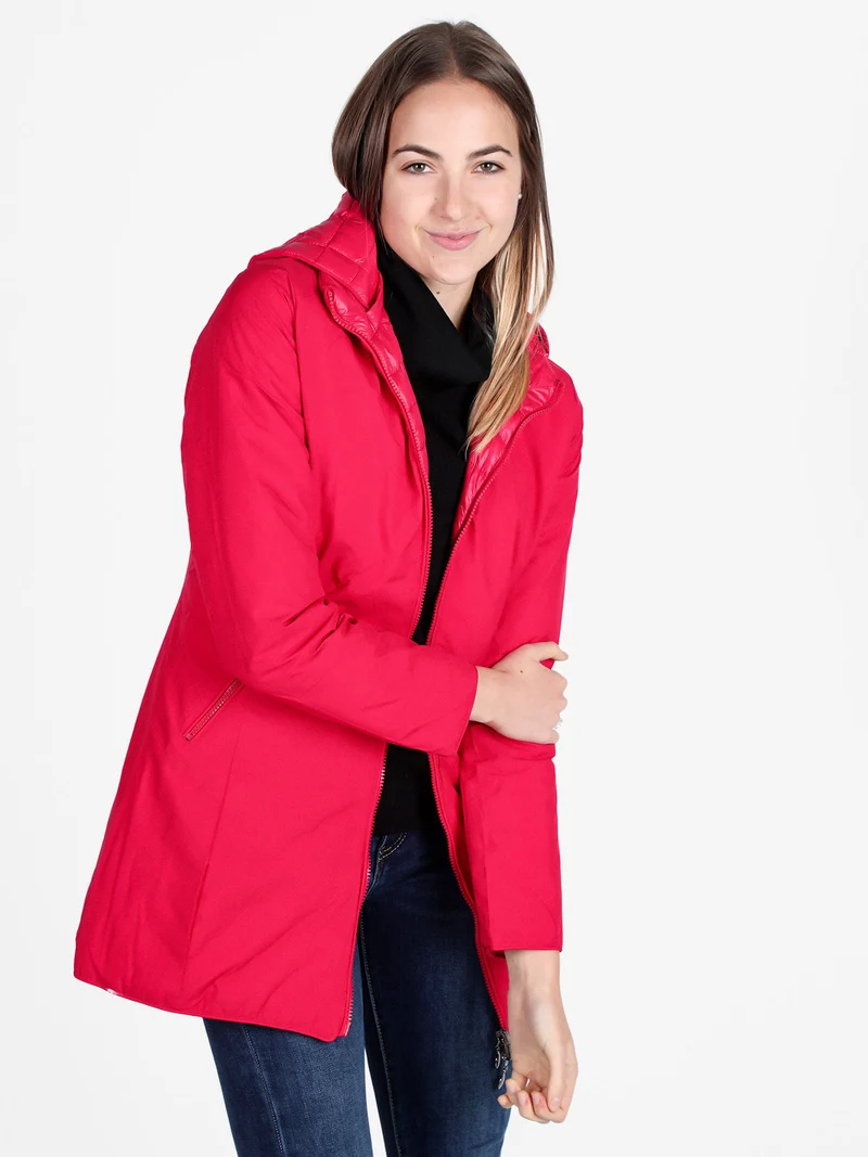 Piumino donna lungo reversibile con cappuccio - rosso