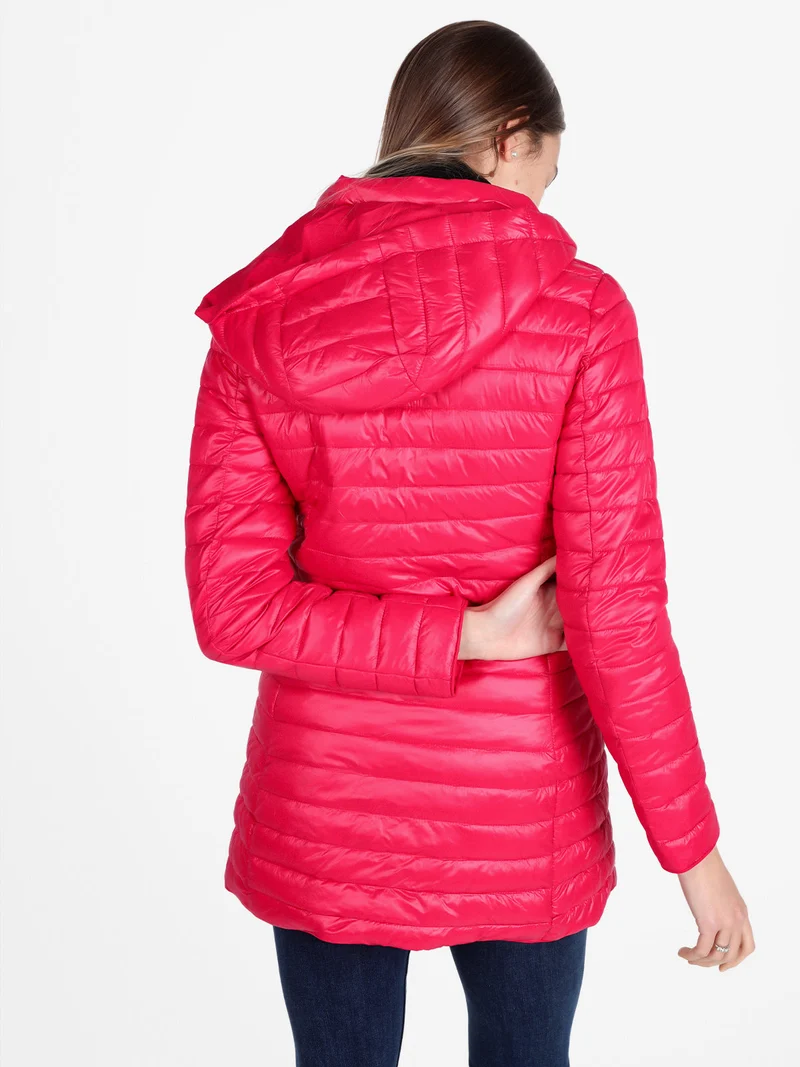 Piumino donna lungo reversibile con cappuccio - rosso