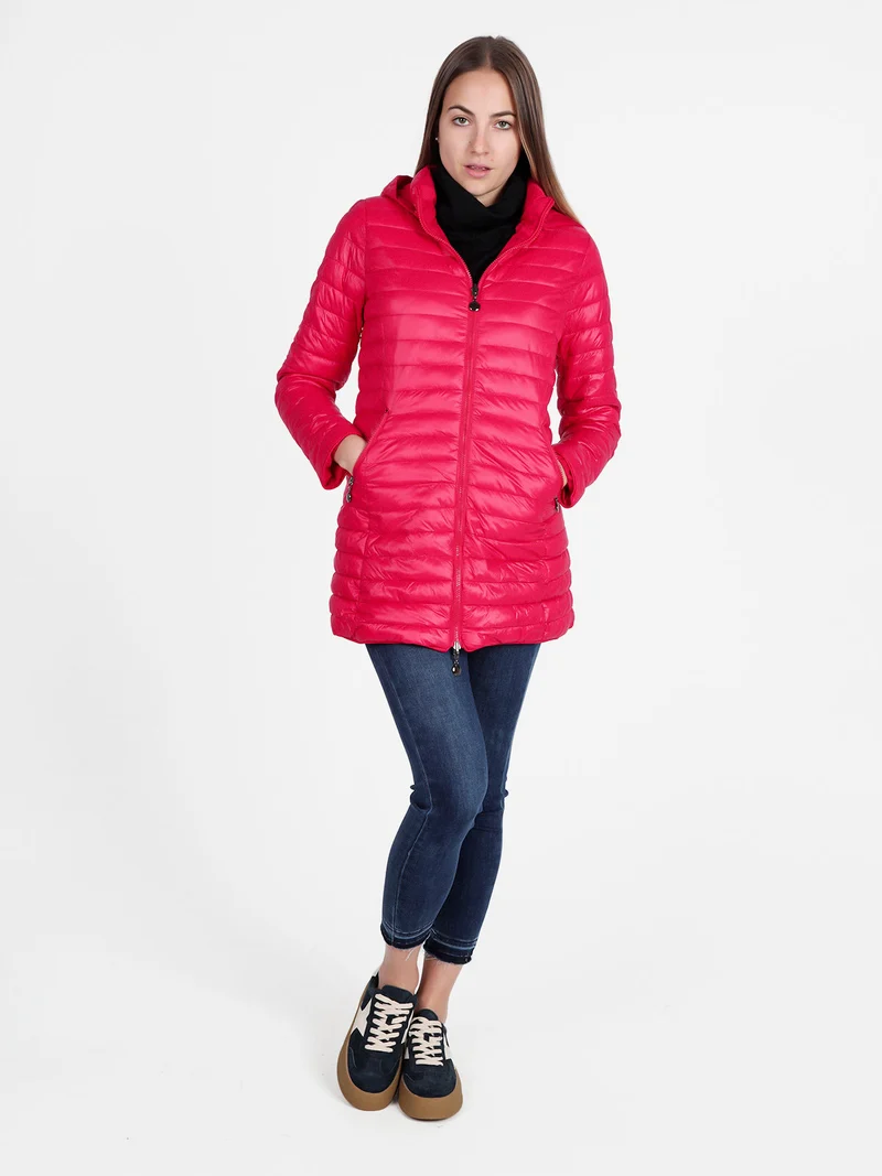 Piumino donna lungo reversibile con cappuccio - rosso