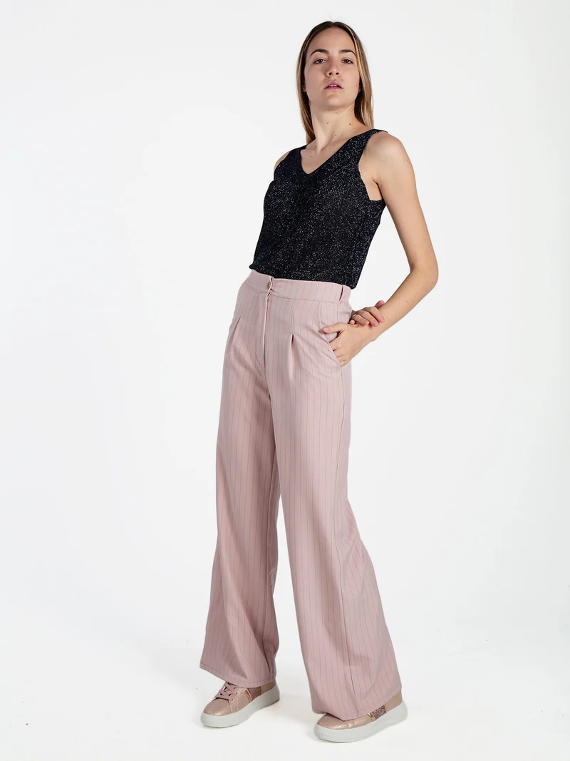 Pantaloni donna a palazzo gessati - rosa