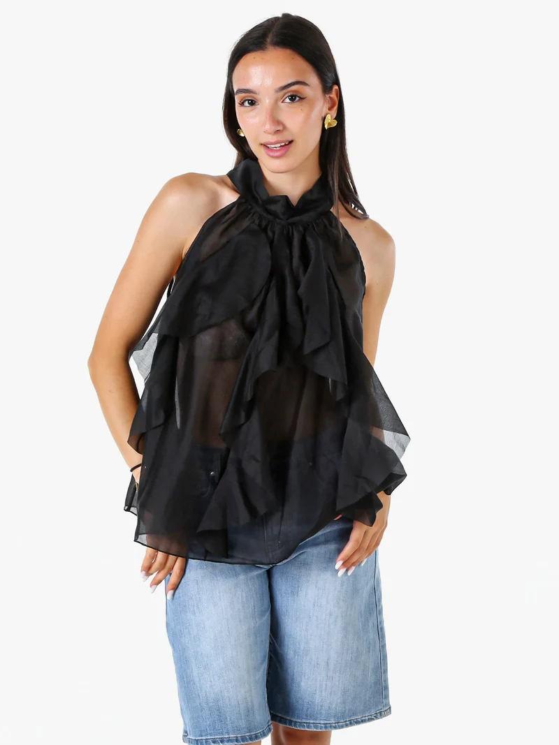 Top donna con volant e allacciatura al collo - nero