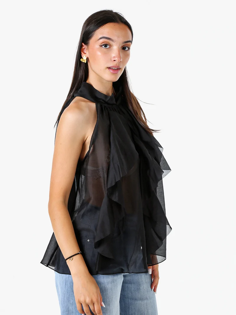 Top donna con volant e allacciatura al collo - nero