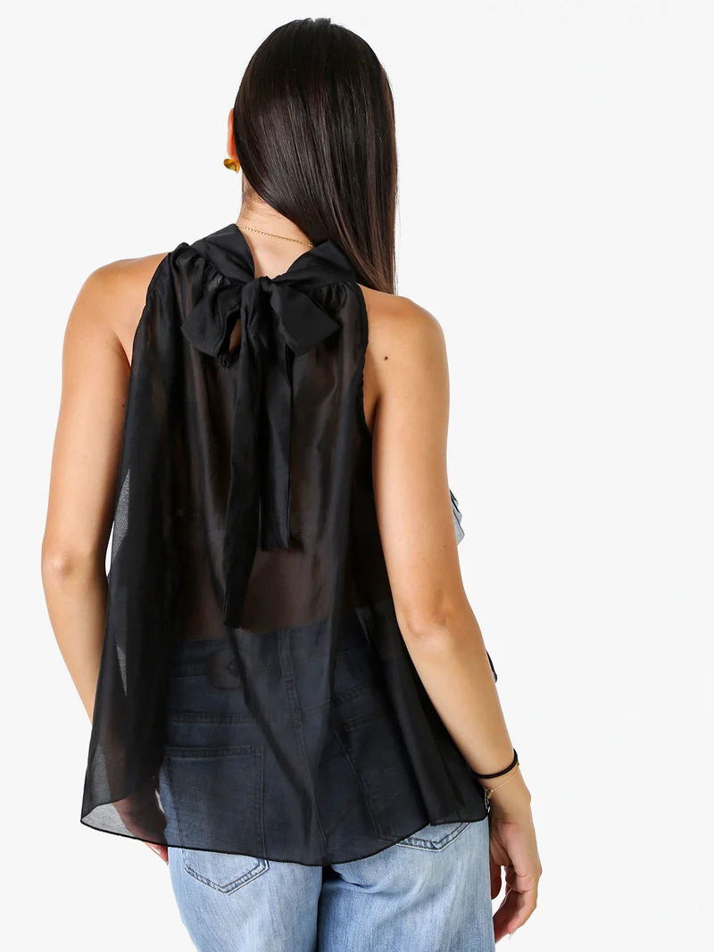 Top donna con volant e allacciatura al collo - nero
