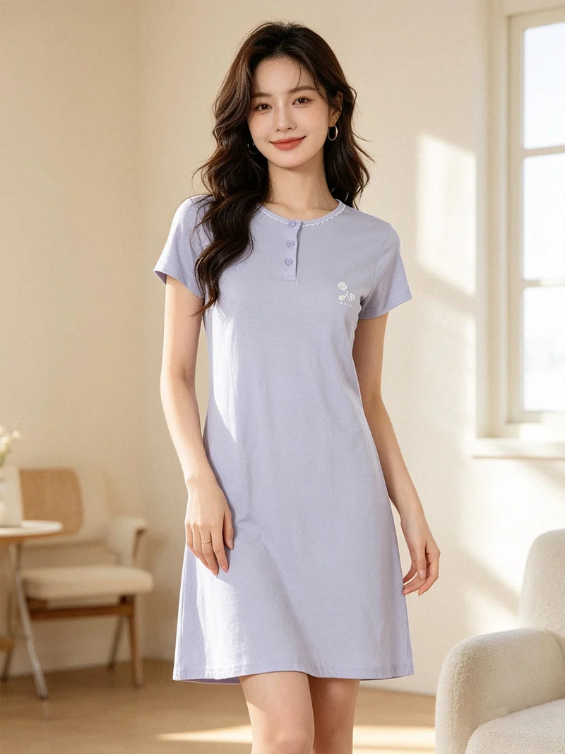 Camicia da notte da donna in cotone a maniche corte - azzurro