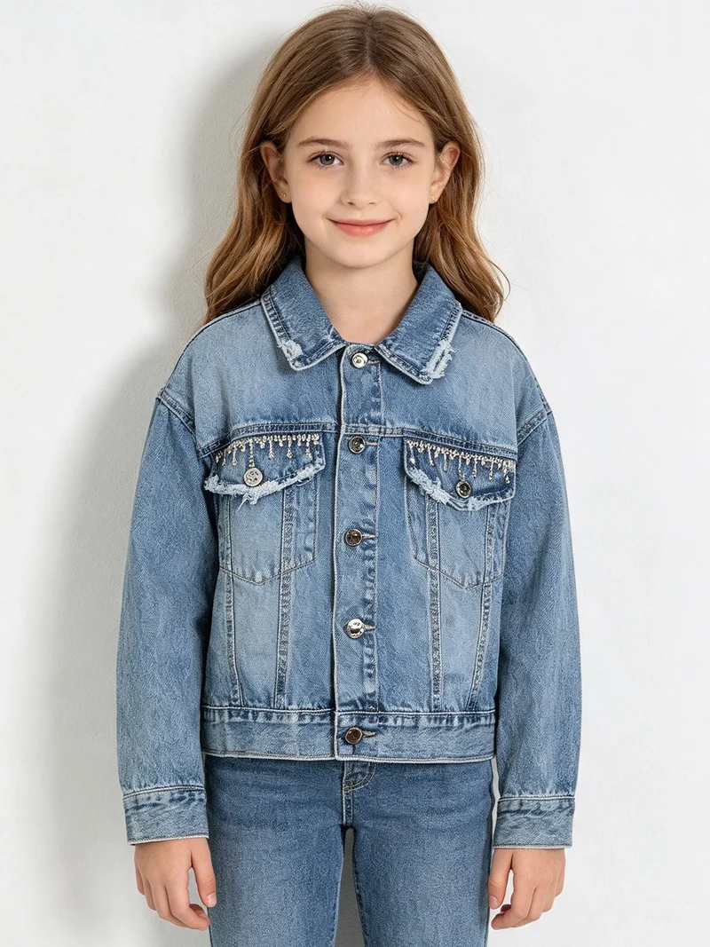 Giacca in jeans da bambina con strass pendenti - jeans