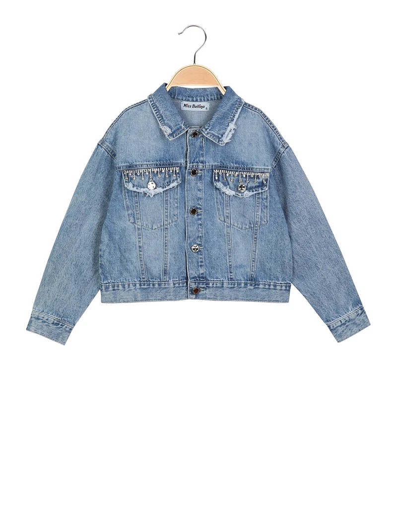 Giacca in jeans da bambina con strass pendenti - jeans