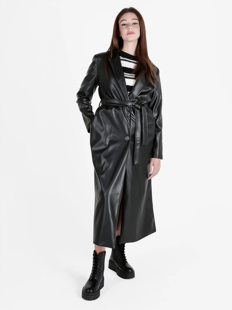 Cappotto lungo da donna in ecopelle - nero