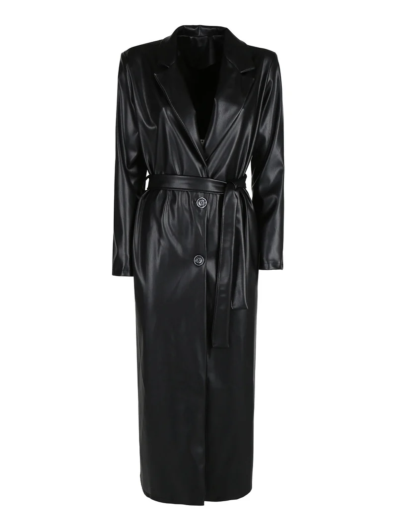 Cappotto lungo da donna in ecopelle - nero