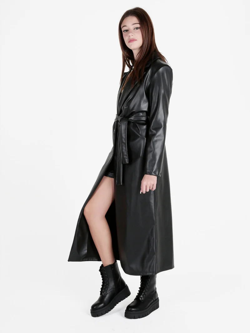Cappotto lungo da donna in ecopelle - nero