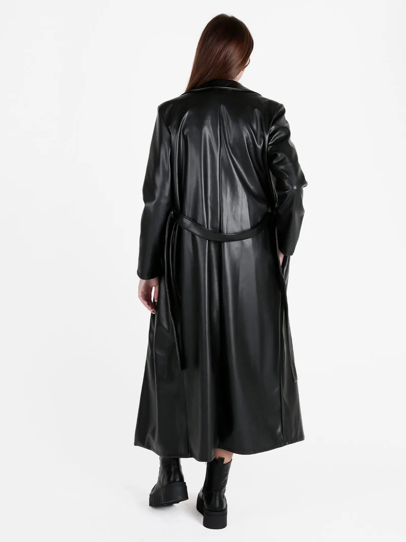 Cappotto lungo da donna in ecopelle - nero