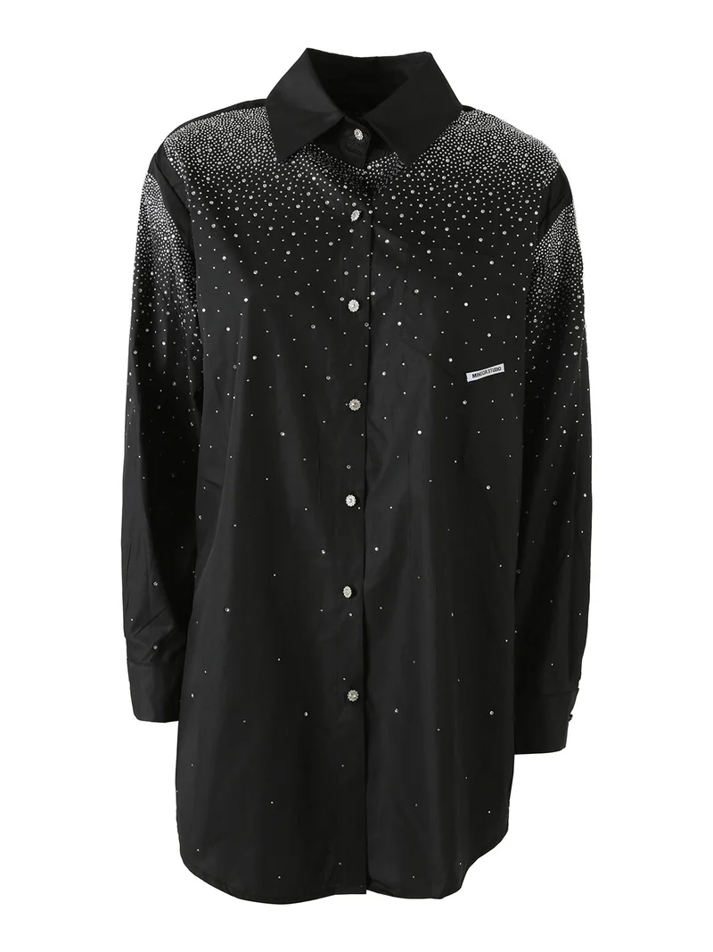 Maxi camicia da donna con bottoni gioiello e strass - nero