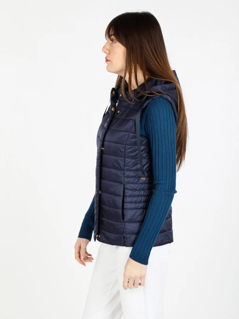 Gilet donna imbottito con cappuccio - blu scuro