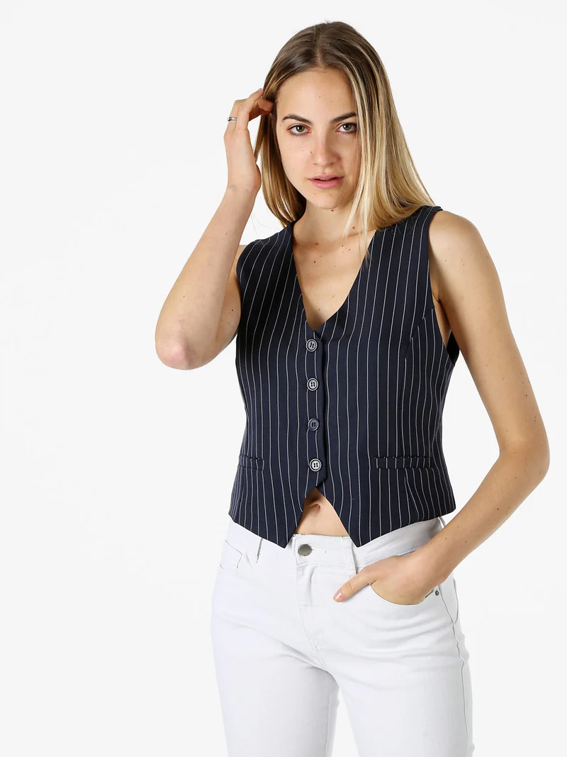 Gilet donna gessato con bottoni - blu scuro