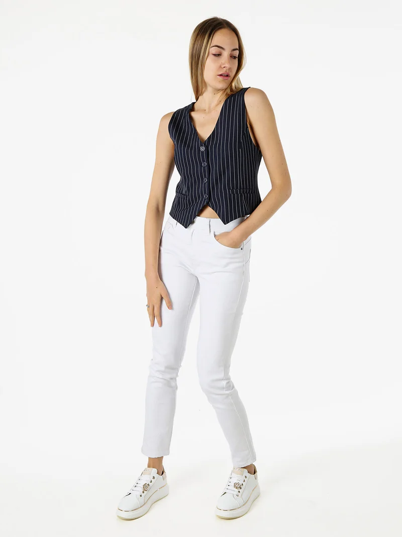 Gilet donna gessato con bottoni - blu scuro