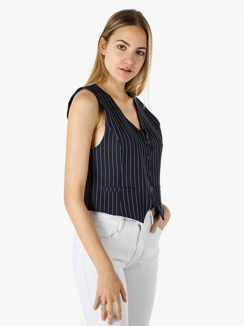 Gilet donna gessato con bottoni - blu scuro