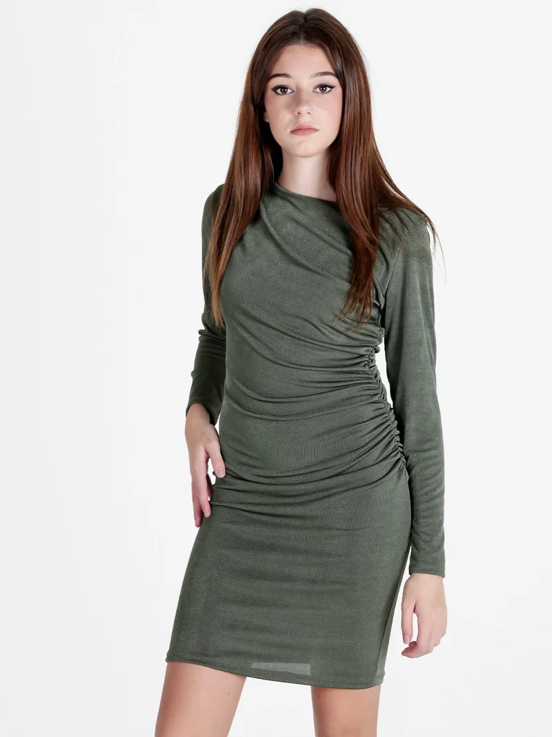 Abito donna drappeggiato a tubino con maniche lunghe - militare