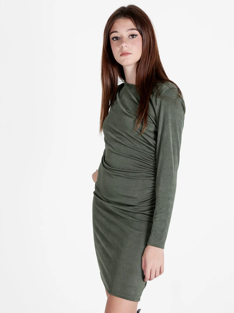 Abito donna drappeggiato a tubino con maniche lunghe - militare