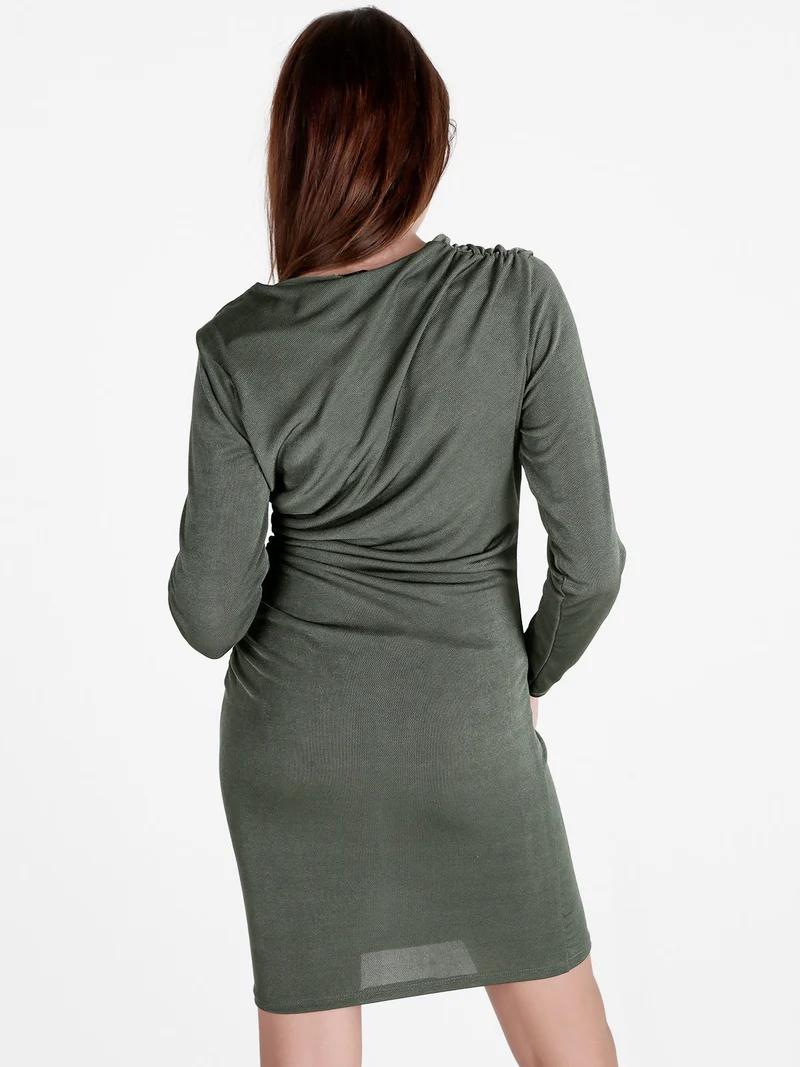 Abito donna drappeggiato a tubino con maniche lunghe - militare