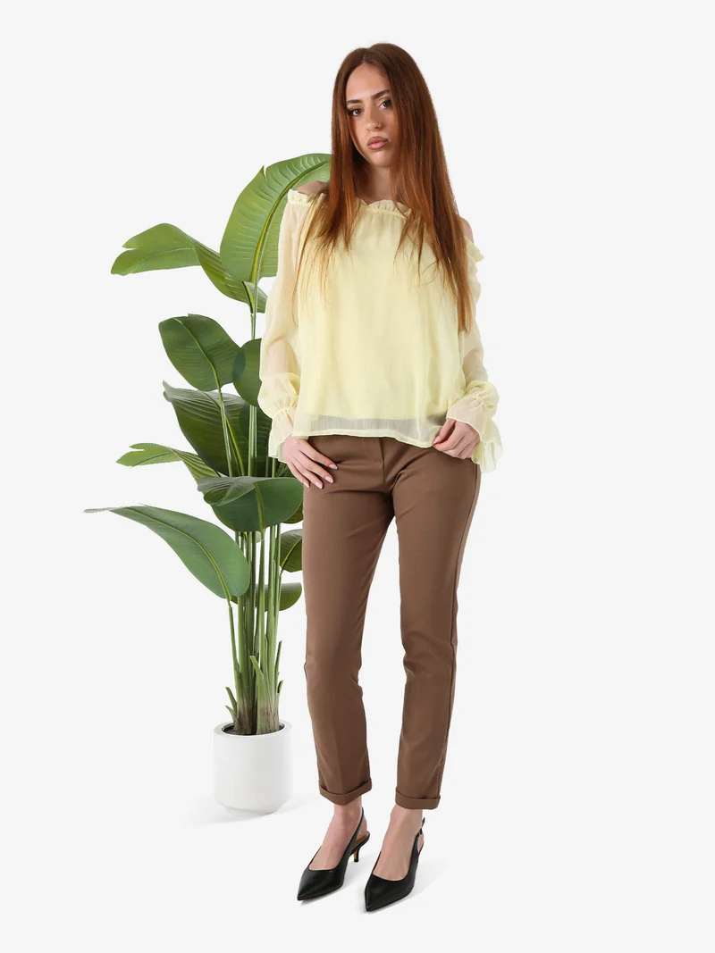 Pantaloni donna a gamba dritta con risvolto sul finale e cintura - marrone