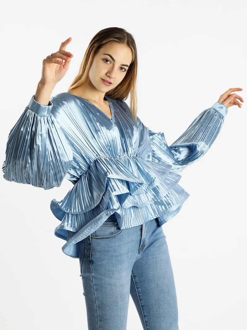Blusa donna plissetata con balze sul finale - azzurro