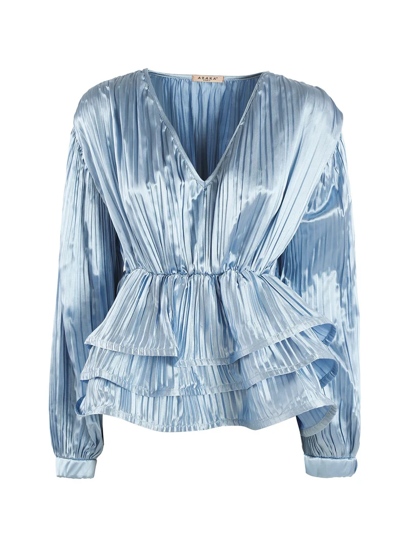 Blusa donna plissetata con balze sul finale - azzurro