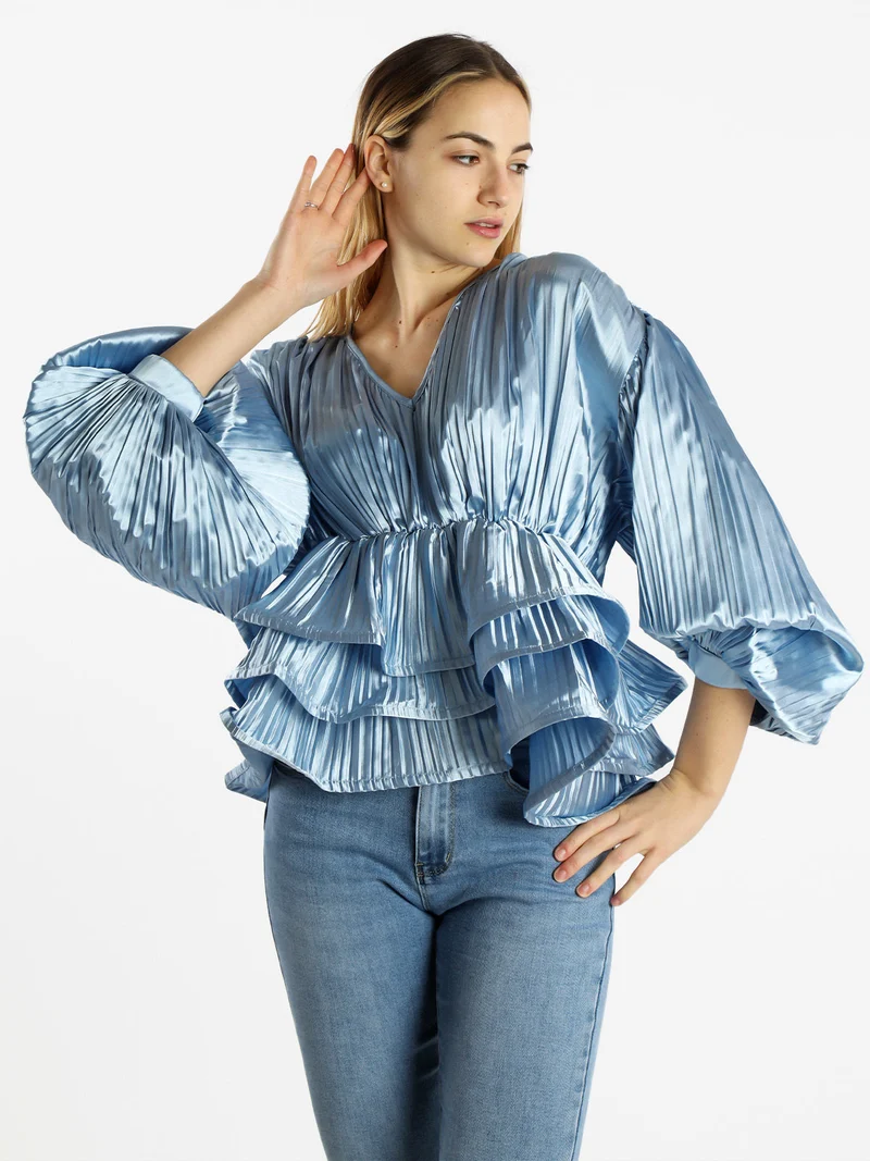 Blusa donna plissetata con balze sul finale - azzurro