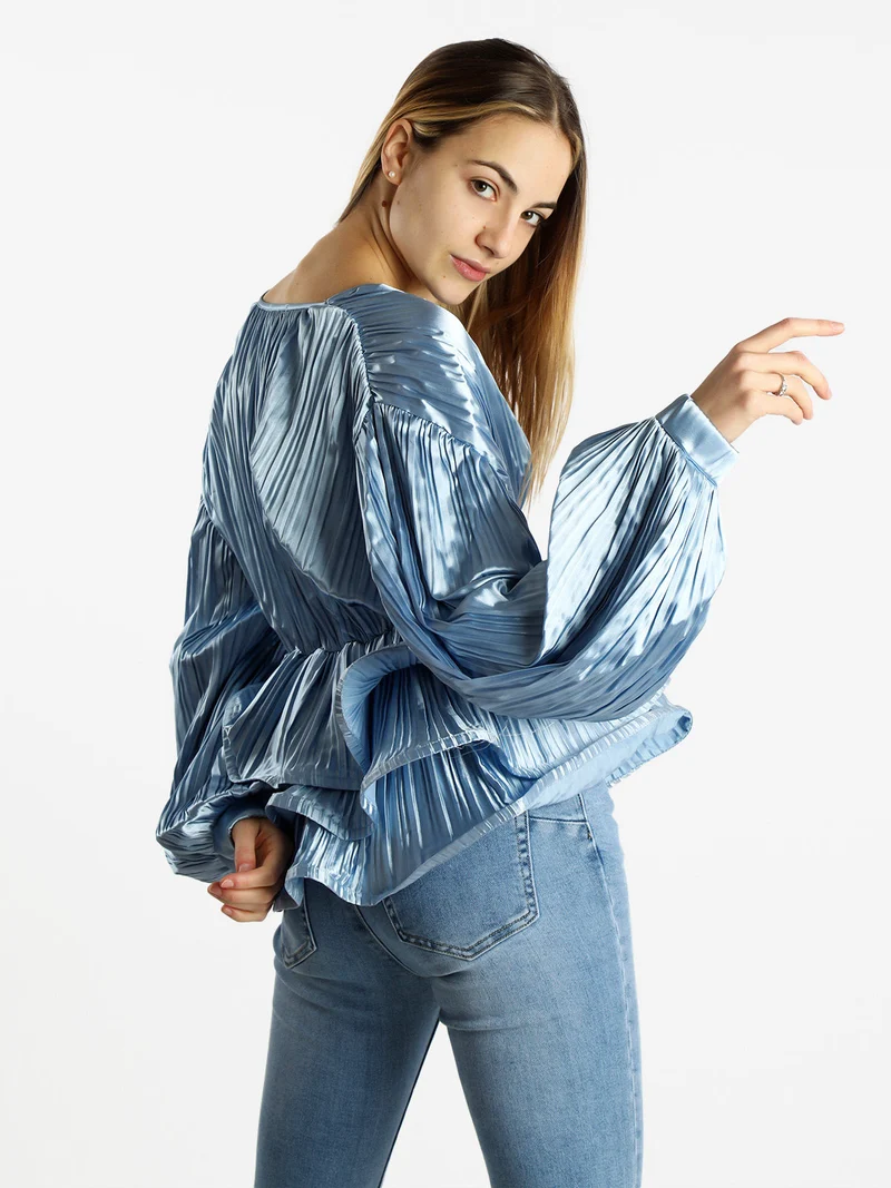 Blusa donna plissetata con balze sul finale - azzurro
