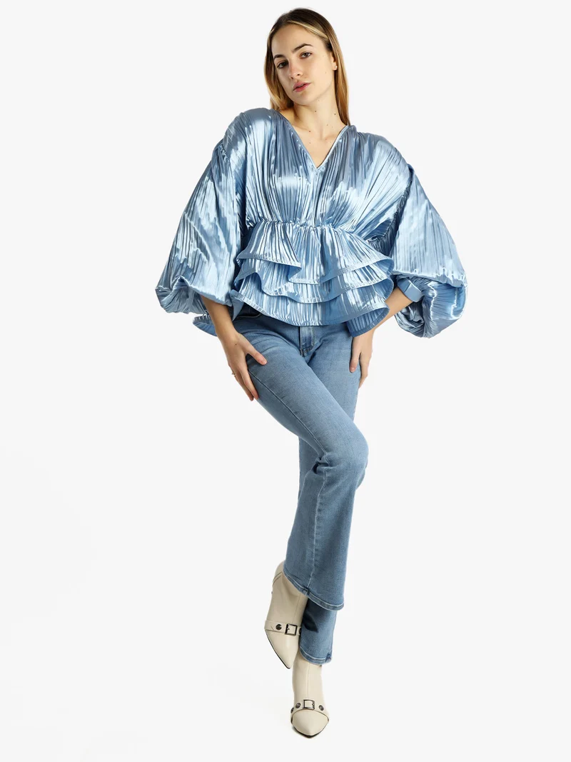 Blusa donna plissetata con balze sul finale - azzurro