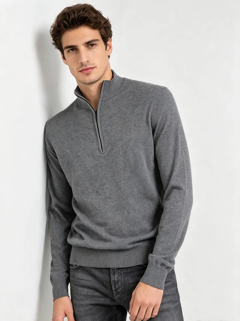 Maglione da uomo mezza zip in misto lana e cashmere - grigio scuro