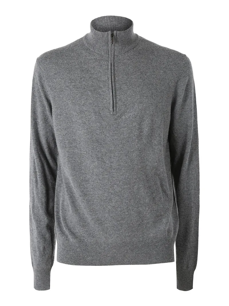 Maglione da uomo mezza zip in misto lana e cashmere - grigio scuro